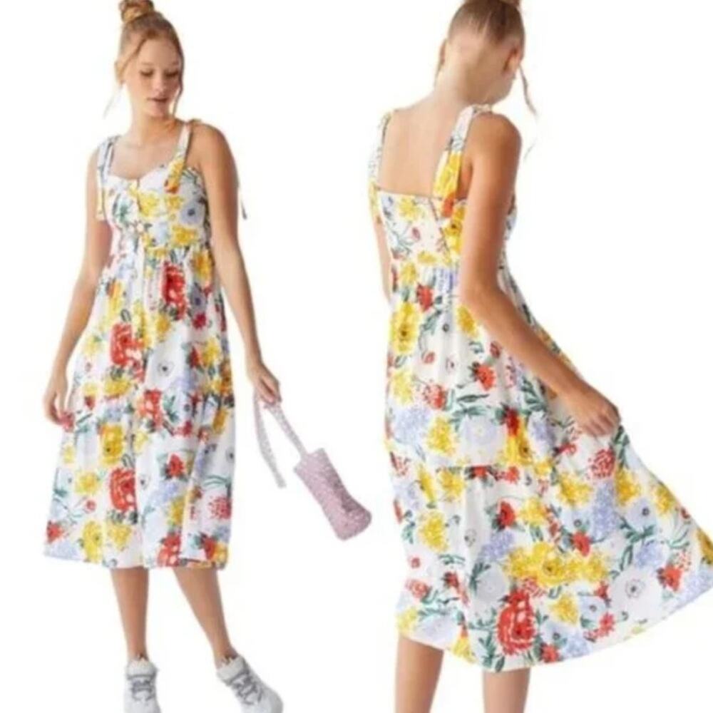 Urban Outfitters Floral Positano Floral Cotton Tie-Shoulder Midi Dress Small
